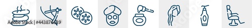 hairdressing and barber line icons such as hot stone, razor to cut hairs, cucumber, facial mask, honey, barber chair outline vector sign. symbol, logo illustration. linear style icons set. pixel