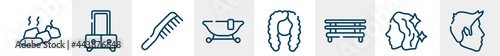 hair salon line icons such as stones, dressing table, hairdressing, jacuzzi, curled black long female hair shape, short male hair shape outline vector sign. symbol, logo illustration. linear style