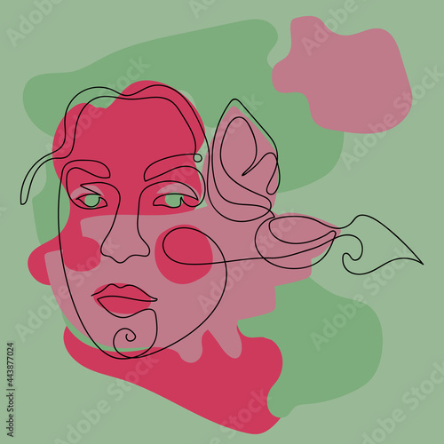 Abstract vector illustration. A girl with a flower, drawn in one continuous line. The illustration is made in pastel pink and green colors.