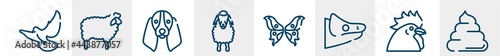 woof woof line icons such as flying dove, sheep with wool, basset hound dog head, sheep front view, butterfly wings, pile of dung outline vector sign. symbol, logo illustration. linear style icons