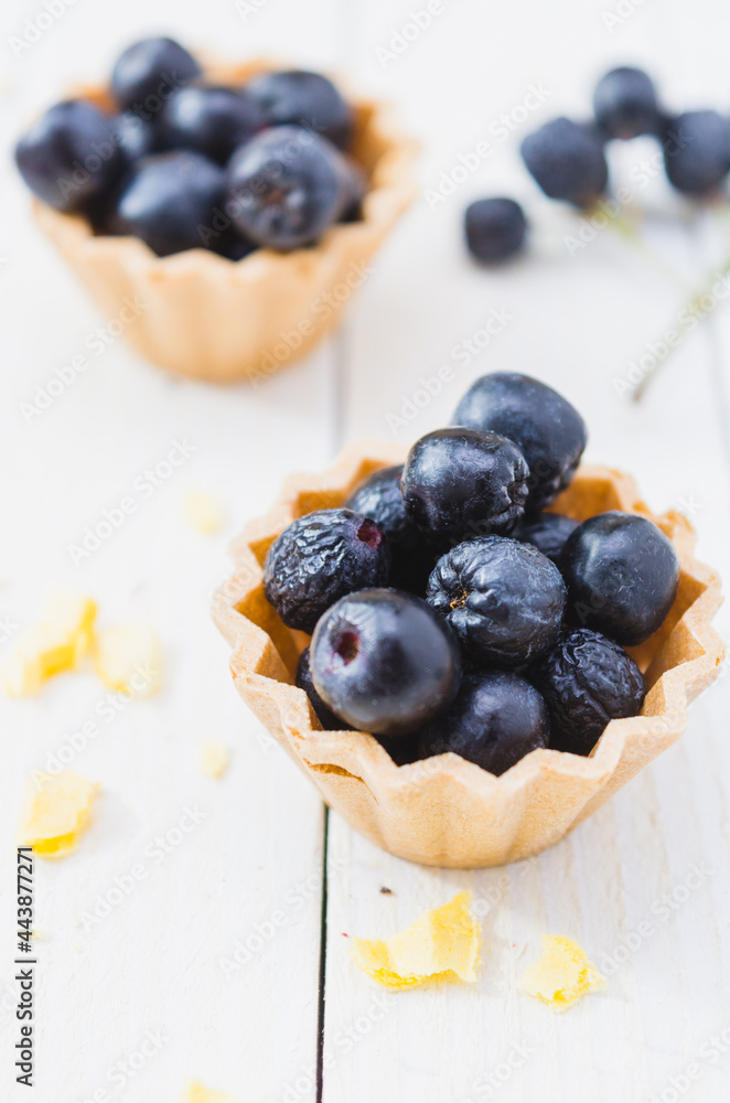 Chokeberry fruit cup cake on a light wooden boards. Chokeberry fruit cup cake on a light wooden boards.