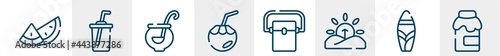 thanksgiving line icons such as watermelon, soda, punch bowl, coconut water, freezer, jam outline vector sign. symbol, logo illustration. linear style icons set. pixel perfect vector graphics.