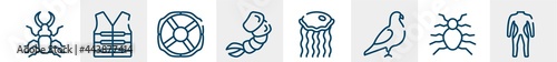 diving line icons such as stag beetle, lifejacket, lifebuoy, shrimp, medusa, diving suit outline vector sign. symbol, logo illustration. linear style icons set. pixel perfect vector graphics.