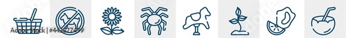 diving line icons such as food basket, forbidden, sunflowers, null, rocking horse, coconut drink outline vector sign. symbol, logo illustration. linear style icons set. pixel perfect vector