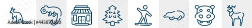 winter nature line icons such as kangaroo, chameleon, gift shop, pine tree, snowboard, reindeer outline vector sign. symbol, logo illustration. linear style icons set. pixel perfect vector graphics.