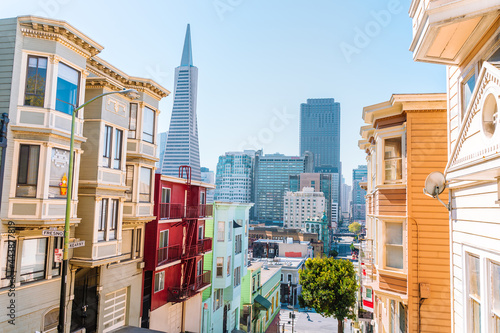 Beautiful street with a view of the Transamerica Tower. San Francisco, USA - 21 Apr 2021