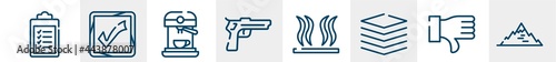 line icons such as inventory, right, machine, gun, heat, mountain outline vector sign. symbol, logo illustration. linear style icons set. pixel perfect vector graphics.