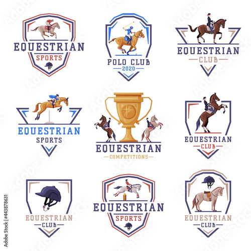 Fotografie, Tablou Equestrian Sports Logo Design Set, Jockey Racing with Thoroughbred Horse, Derby,
