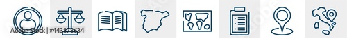 line icons such as avatar, law, magazine, spain, world map, italy outline vector sign. symbol, logo illustration. linear style icons set. pixel perfect vector graphics.