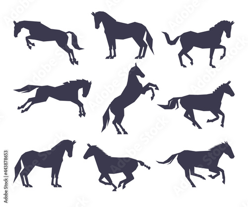 Side View of Racing Horse Silhouettes Set  Equestrian Sport  Derby Vector Illustration