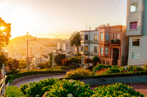 View of the beautiful Lombard Street during sunset in San Francisco photo