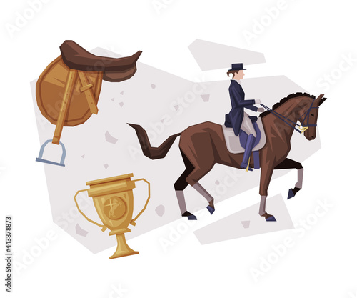 Man Rider Competing in Dressage, Equestrian Sport Equipment, Saddle, Winner Cup Vector Illustration