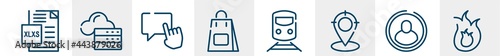 line icons such as excel, hosting, request, shopping bag, subway, fire outline vector sign. symbol, logo illustration. linear style icons set. pixel perfect vector graphics.