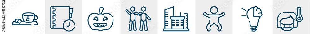 Obraz premium line icons such as tea, agenda, halloween, friendship, office building, sick outline vector sign. symbol, logo illustration. linear style icons set. pixel perfect vector graphics.