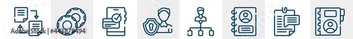 business line icons such as distributed ledger, casino chip, dive, personal security, hierarchical structure, contact book outline vector sign. symbol, logo illustration. linear style icons set.