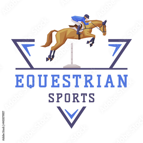Equestrian Sports Logo Design, Jockey Riding with Jumping Horse, Derby, Tournament Label, Emblem Vector Illustration