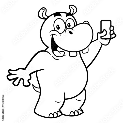 Black and white cartoon illustration of Funny Big and Fat Hippo taking self-portrait with its smartphone and go sharing to social media, best for coloring book of kids with communication technology