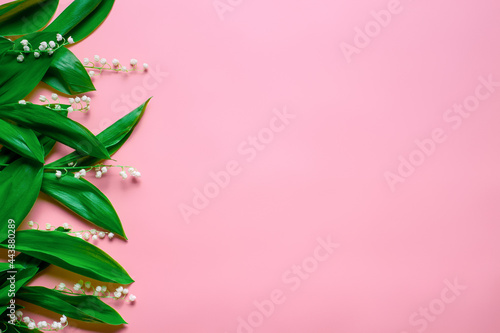 little bouquets and green leaves of lilly of the valley as a floral border on the left with copy space. Flat lay with pink background. 