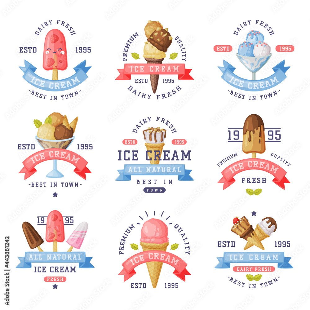 Ice Cream Logo Design Collection, Best Fresh Dairy Products Labels Cartoon Vector Illustration