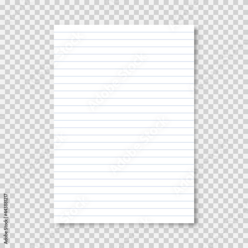 Realistic blank lined paper sheet in A4 format on transparent background. Notebook page, document. Design template or mockup. Vector illustration.