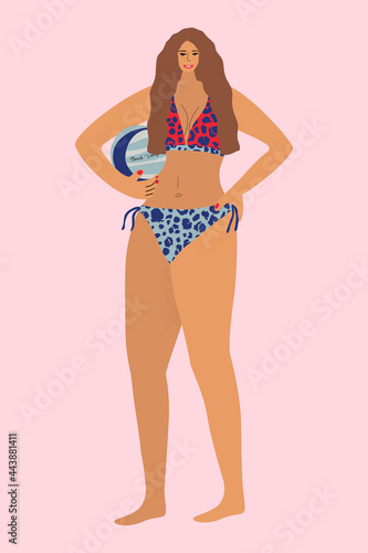 Beach Volleyball. Girl with a ball in a leopard print swimsuit. Beach volleyball player. Beach sports Activity on Summer Time. Vacation Leisure, Recreation, Sport. Flat Vector Illustration.