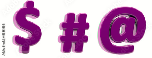 Purple alphabet. Dollar sign, hashtag, arroba  in 3d render. White background.  Path save. 