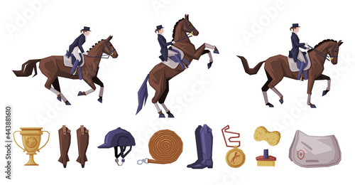 People Riding Horses Set, Equestrian Sport Equipment, Horse Riding Essentials and Grooming Tools Vector Illustration