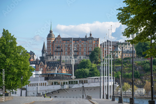 Photography View over the district Södermalm and the hotel ship at pier of the island Riddar