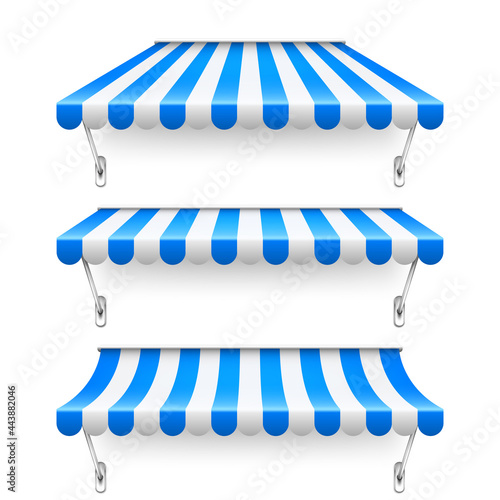 Shop sunshade with metal mount. Realistic blue striped cafe awning. Outdoor market tent. Roof canopy. Summer street store. Vector illustration.