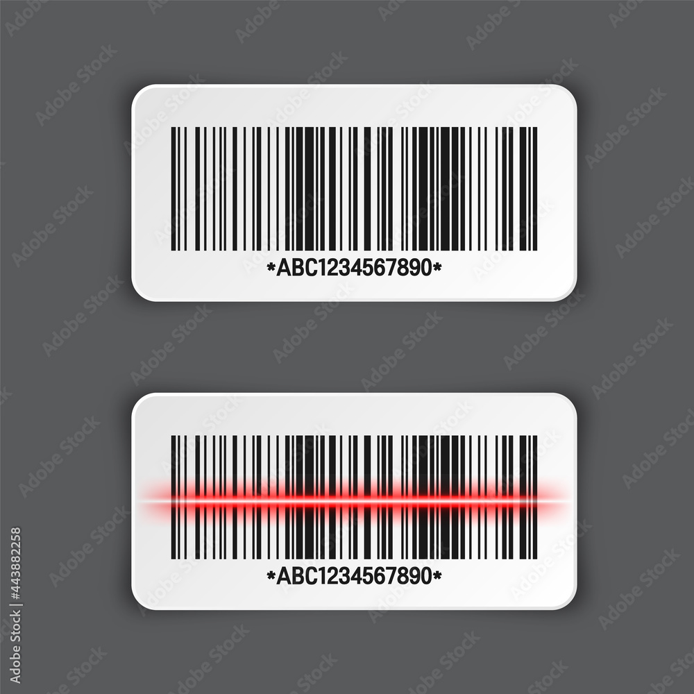 Realistic barcode sticker on gray background. Identification tracking code. Serial number, product ID with digital information. Store or supermarket scan labels, price tag. Vector illustration. Realistic barcode sticker on gray background. Identification tracking code. Serial number, product ID with digital information. Store or supermarket scan labels, price tag. Vector illustration.