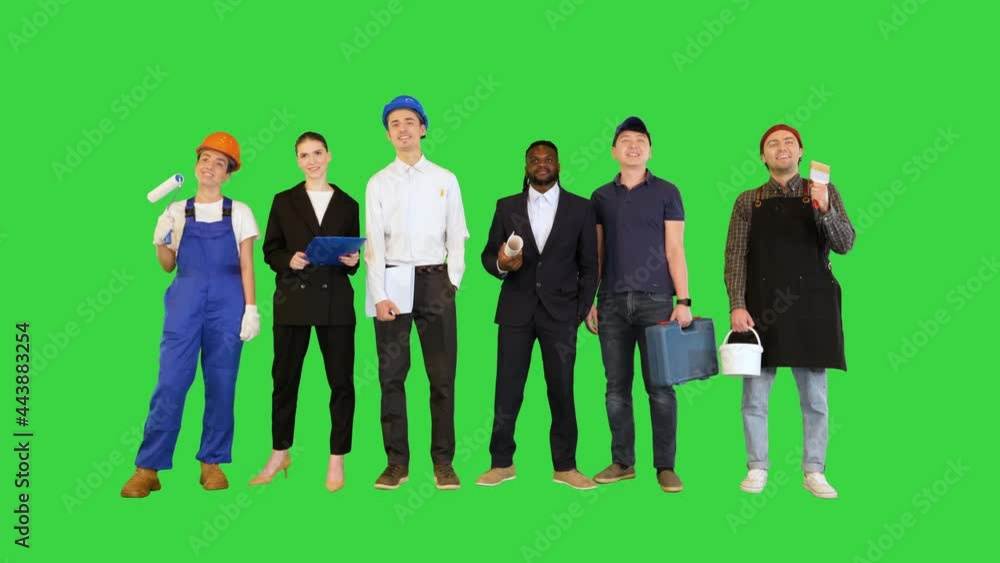 Business, delivery service and people concept - happy international office and manual workers on a Green Screen, Chroma Key. Business, delivery service and people concept - happy international office and manual workers on a Green Screen, Chroma Key.