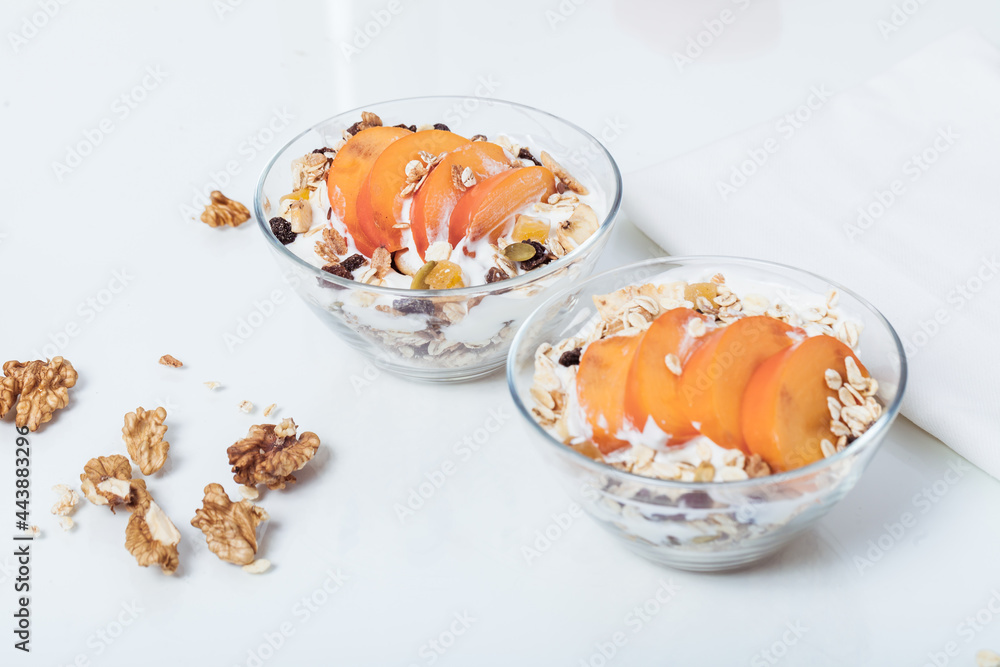 Homemade vegan granola cereal with soy yogurt, walnuts, fuji apple and almond milk. Homemade vegan granola cereal with soy yogurt, walnuts, fuji apple and almond milk.