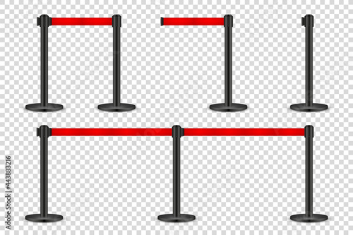 Realistic retractable belt stanchion on transparent background. Crowd control barrier posts with caution strap. Queue lines. Restriction border and danger tape. Vector illustration.