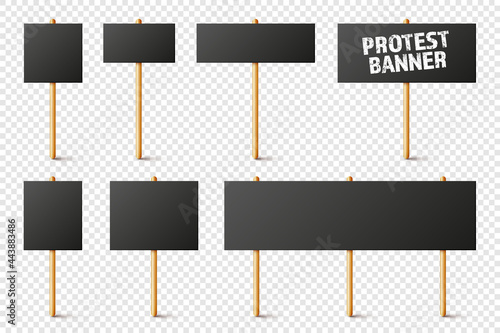 Blank black protest signs with wooden holder. Realistic vector demonstration banner. Strike action cardboard placard mockup.