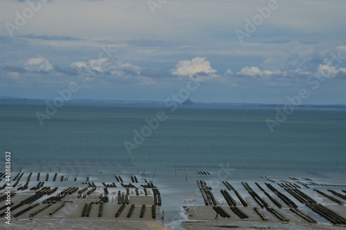 Oyster beds on the Atlantic Ocean with Mont Saint Michel in the background on a beautiful cloudy day  photo