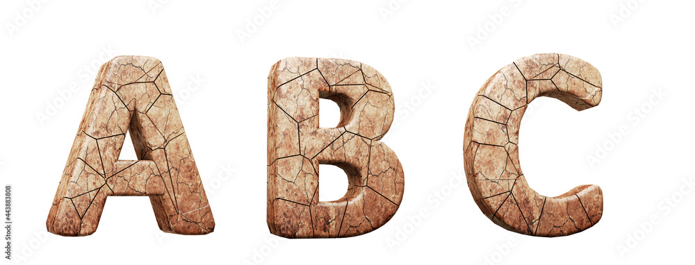 Fototapeta premium Dry land alphabet. Letters a, b, c in 3d render. White background. Path save.