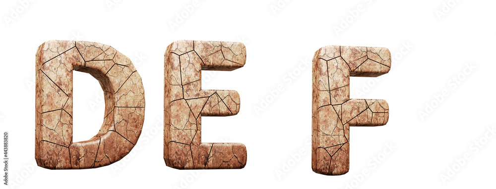 Fototapeta premium Dry land alphabet. Letters d, e, f in 3d render. White background. Path save.
