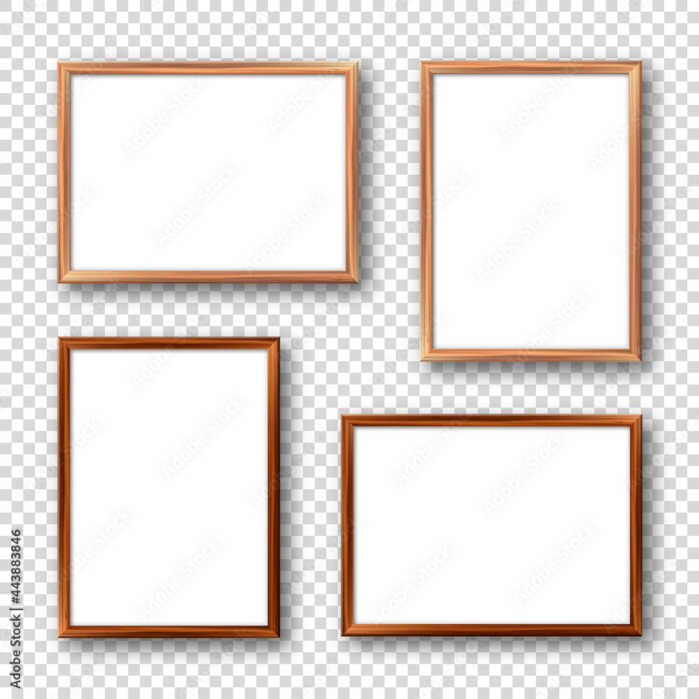 Realistic wooden picture frames with shadow on checkered background. Blank poster mockup. Empty photo frame. Vector illustration. Realistic wooden picture frames with shadow on checkered background. Blank poster mockup. Empty photo frame. Vector illustration.