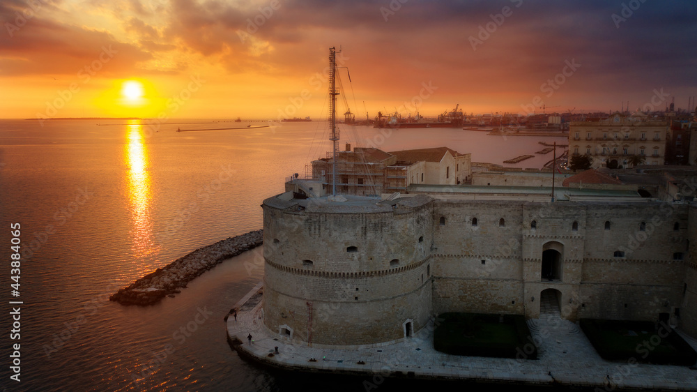 Aerial view of Taranto city castle at sunset