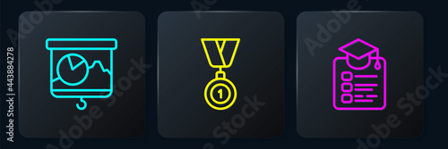 Set line Chalkboard with chart, Online education and Medal. Black square button. Vector