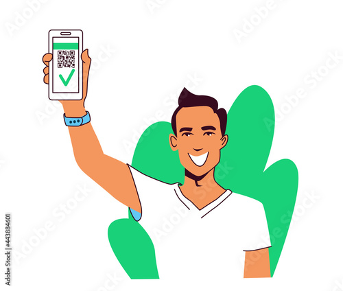 A young vaccinated Hispanic man smiles and shows a smartphone screen with a QR code - health passport, immunity-proven electronic pass. Vector illustration isolated on white background.