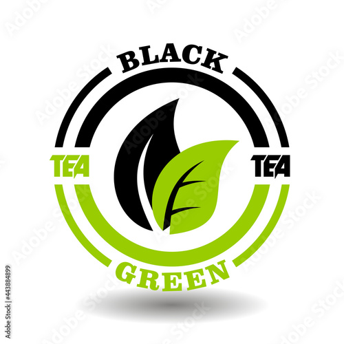 Creative circle logo of Green and Black tea mixture. Concept round icon of blend tea mix, herbal drink composition with green and black leaves symbol for natural organic product package icon