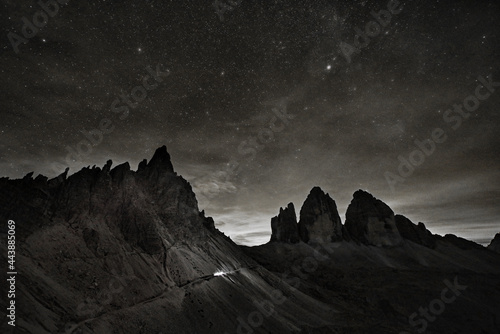 Night landscape over the Dolomites, Italy, Europe. On exposure shot