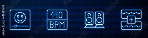 Set line Stereo speaker, Music player, Bitrate and wave equalizer. Glowing neon icon on brick wall. Vector