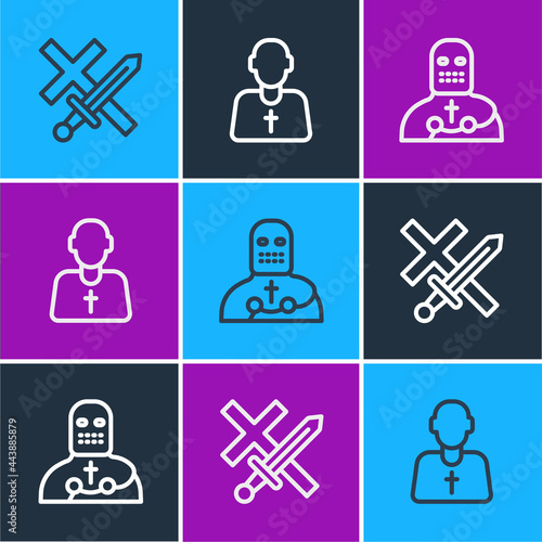 Set line Crusade, Knight crusader and Priest icon. Vector