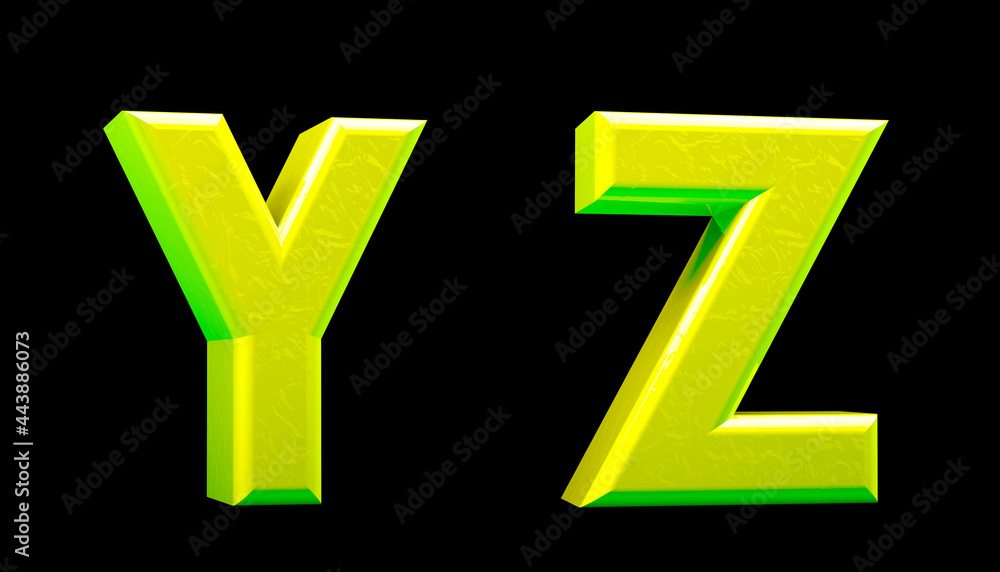 Technological green alphabet. Letters Y, Z in 3d render. Black background. Path save. Technological green alphabet. Letters Y, Z in 3d render. Black background. Path save.