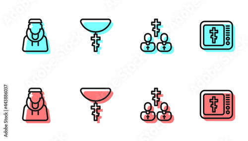Set line Priest, Monk, Christian cross chain and Online church pastor preaching icon. Vector