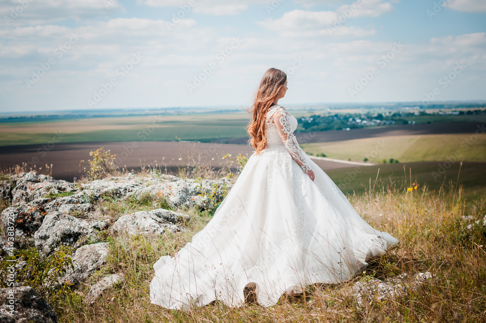 A girl in a white wedding dress stands against the backdrop of a beautiful landscape A girl in a white wedding dress stands against the backdrop of a beautiful landscape