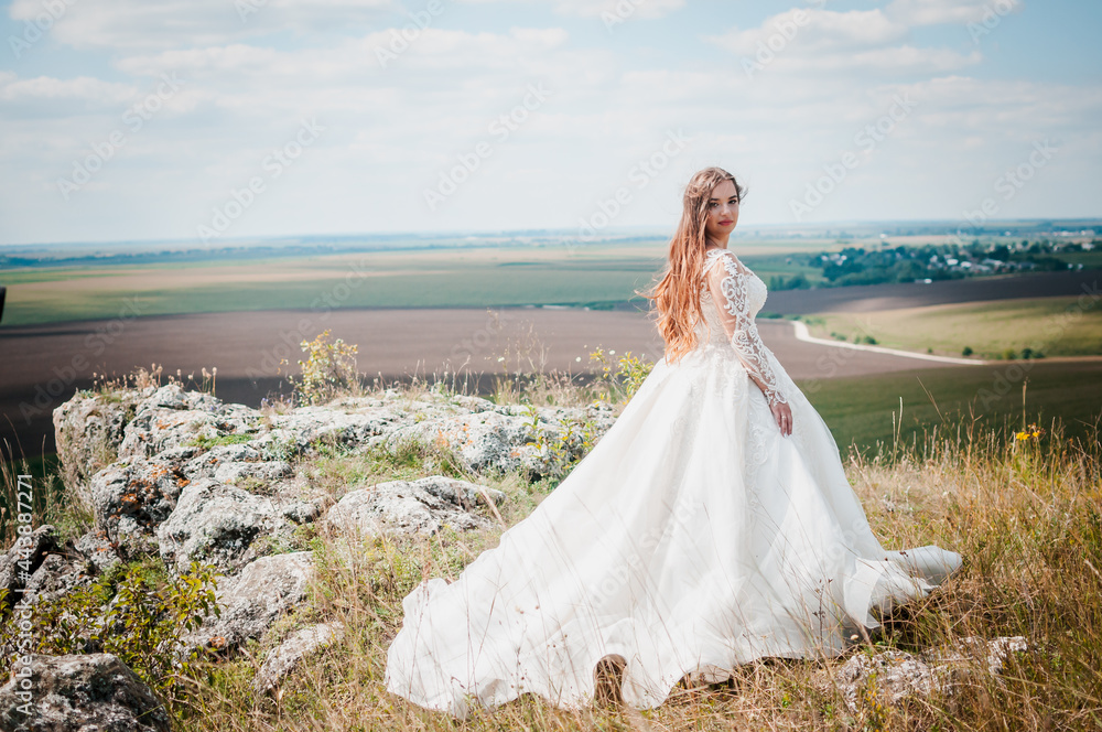 A girl in a white wedding dress stands against the backdrop of a beautiful landscape A girl in a white wedding dress stands against the backdrop of a beautiful landscape