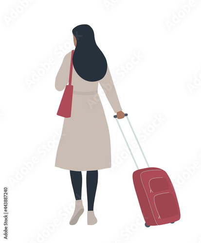 Travel concept. A woman with a red suitcase in her hand. Back view. Vector illustration